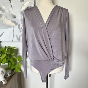 Free People Bodysuit Top Womens Small Purple Surplice‎ Wrap Long Sleeve Shimmer